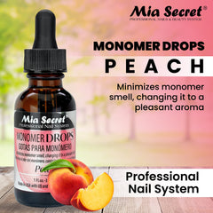 Mia Secret Gotas de Monomero Durazno, detalle de etiqueta, aroma suave para un ambiente agradable