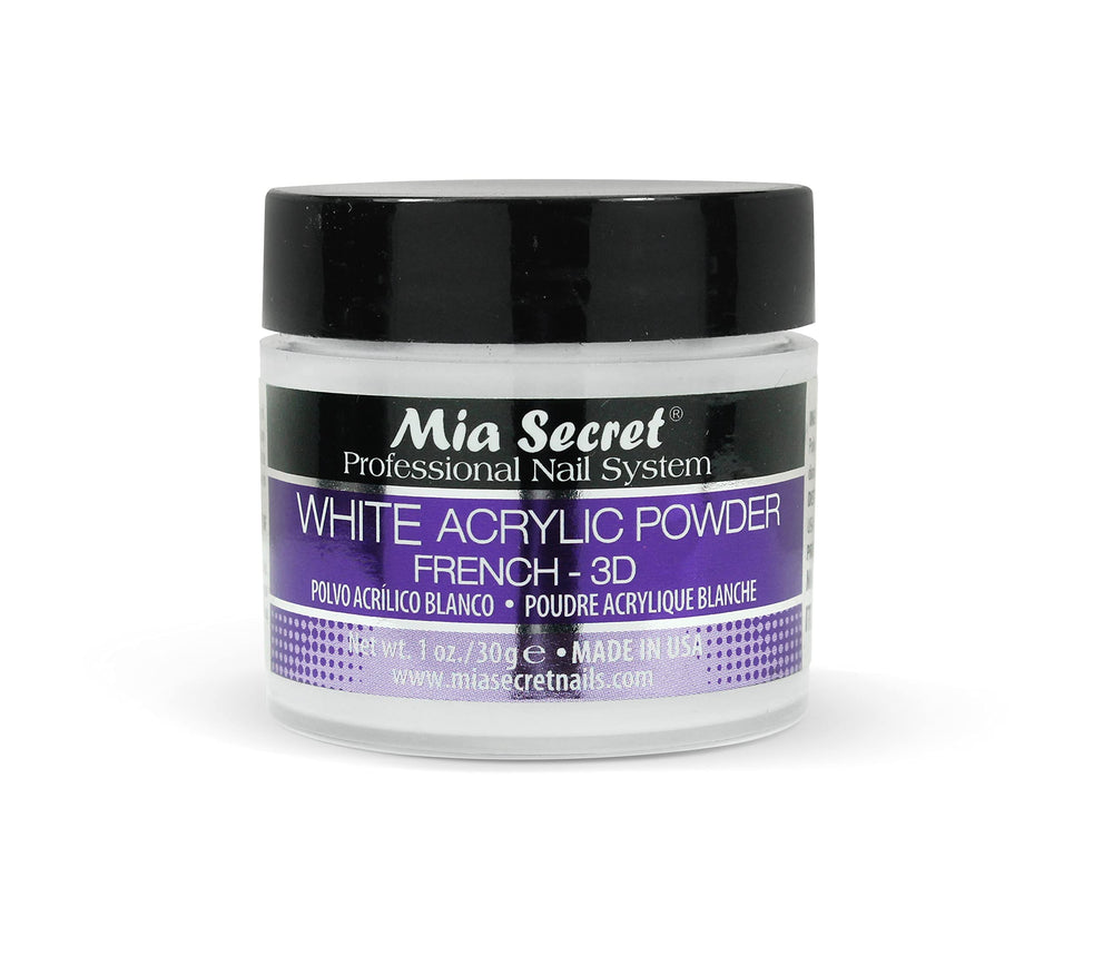 Mia Secret polvo acrílico blanco 1oz en botella, base para uñas con adhesión duradera.