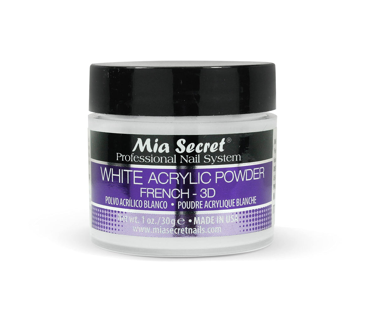 Mia Secret polvo acrílico blanco 1oz en botella, base para uñas con adhesión duradera.
