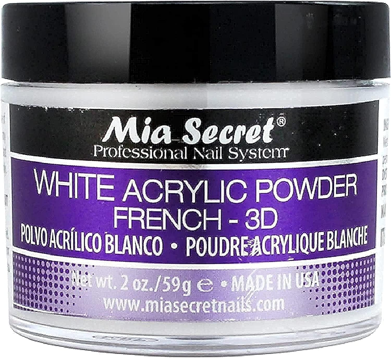 Polvo acrílico blanco de Mia Secret para uñas, ideal para cobertura uniforme.