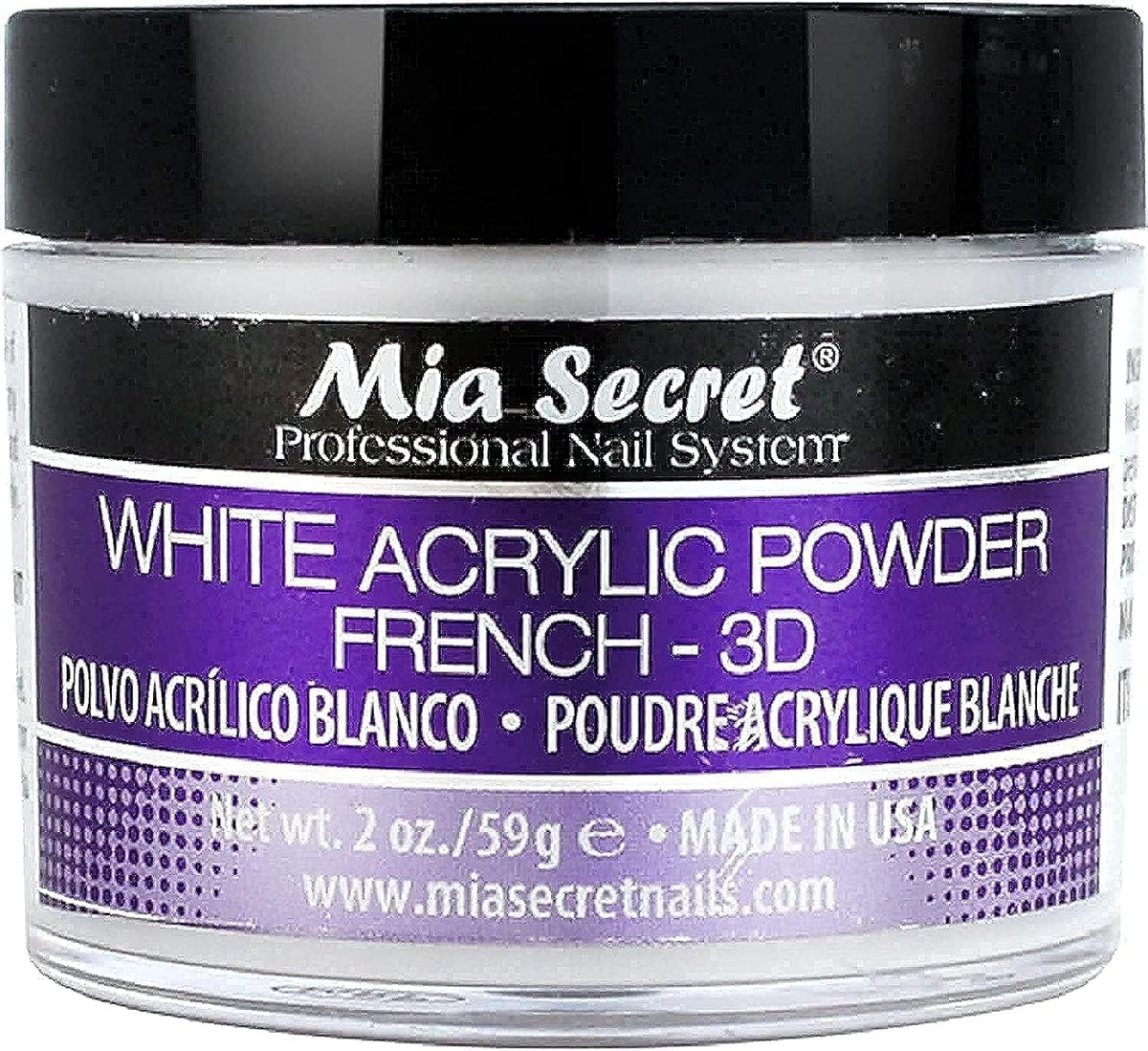 Polvo acrílico blanco de Mia Secret para uñas, ideal para cobertura uniforme.