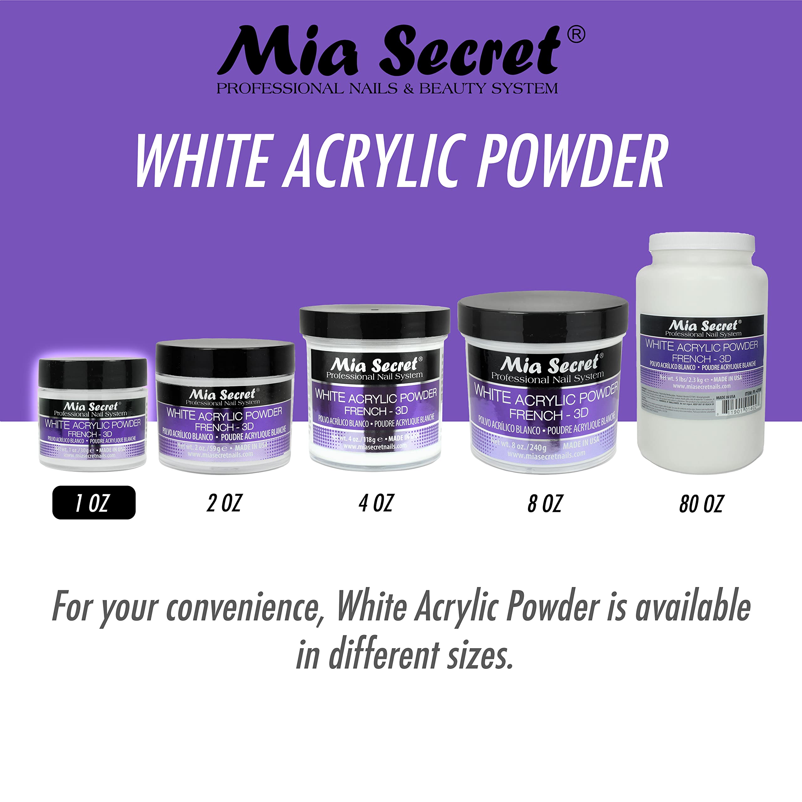 Mia Secret polvo acrílico blanco para manicura francesa, acabado limpio.