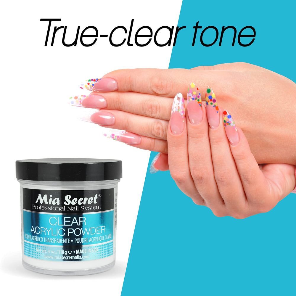 Mia Secret polvo acrílico claro, adherencia superior para uñas resistentes.
