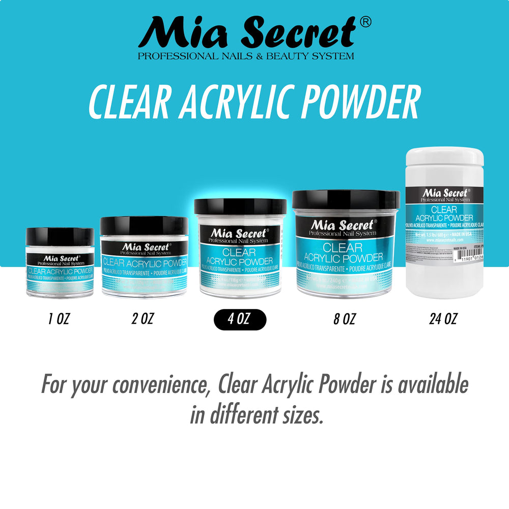 Mia Secret polvo acrílico claro, aplicación auto nivelante, menor lijado necesario.
