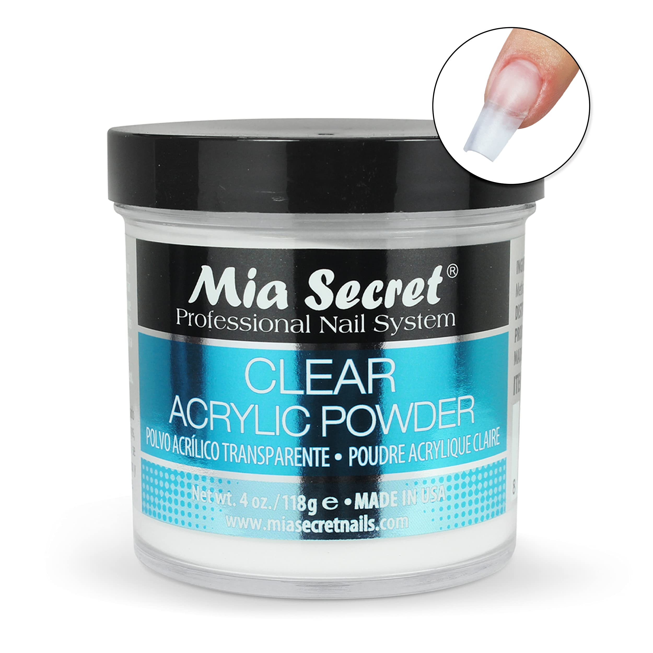 Mia Secret polvo acrílico claro, envase compacto, ideal para uso profesional en salón.