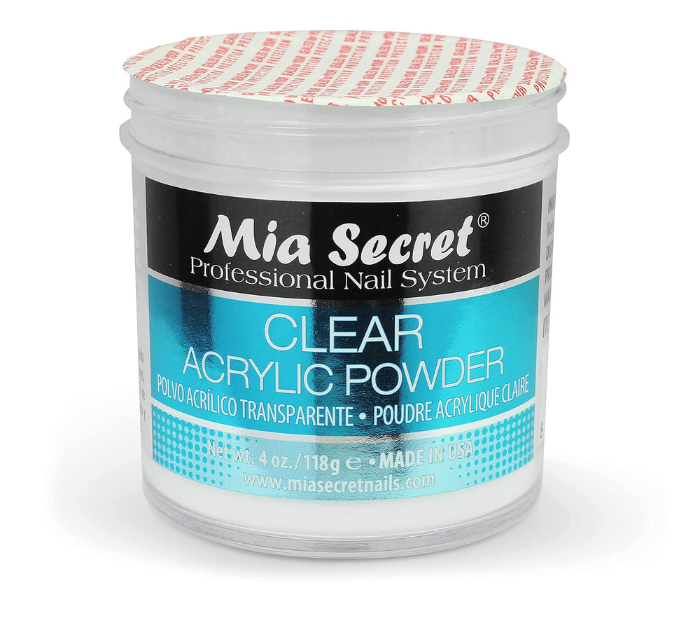 Mia Secret polvo acrílico claro, producido en Estados Unidos con control estricto.