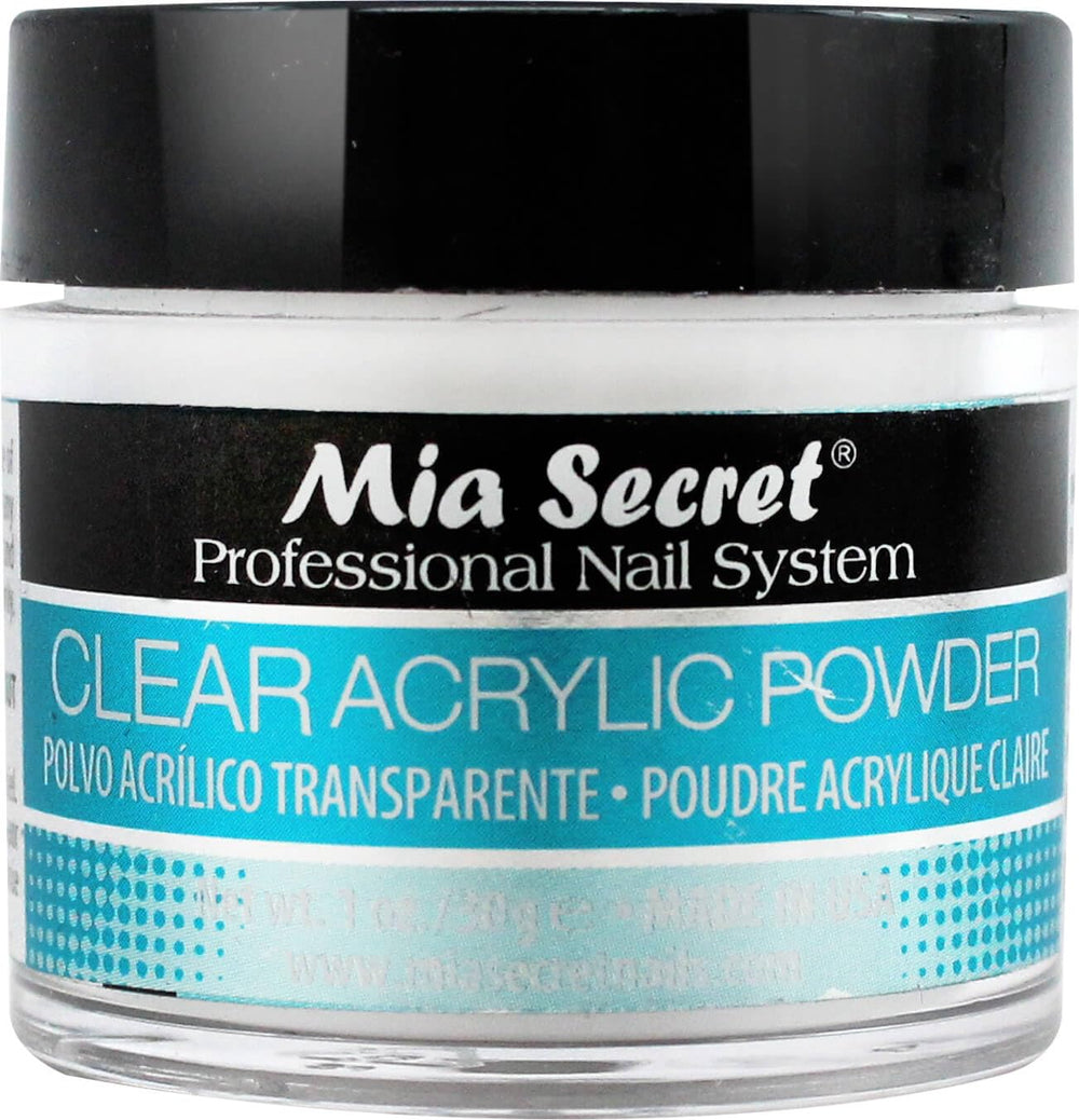 Mia Secret polvo acrílico claro en envase para uñas profesionales.