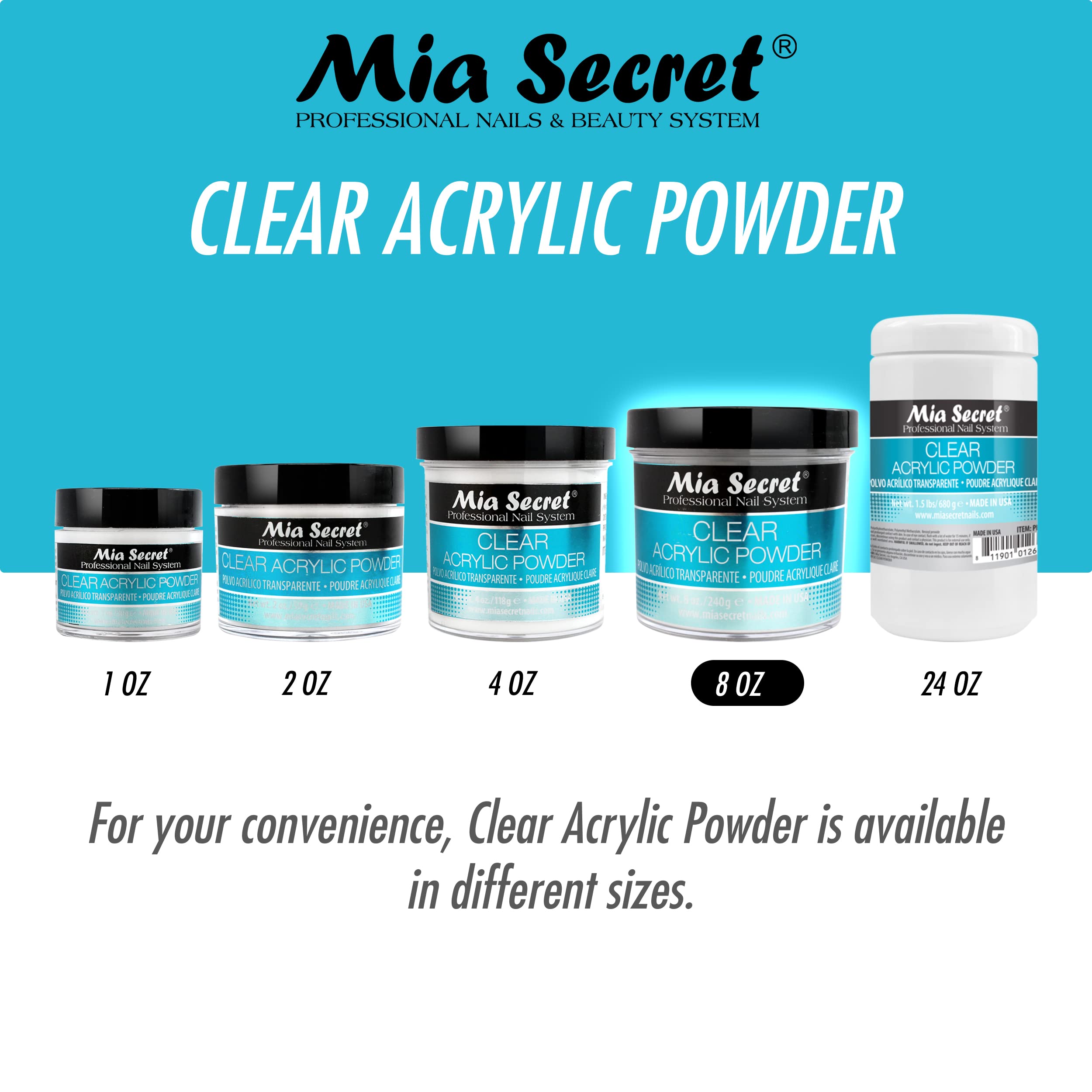 Mia Secret polvo acrílico claro, disponible en varios tamaños