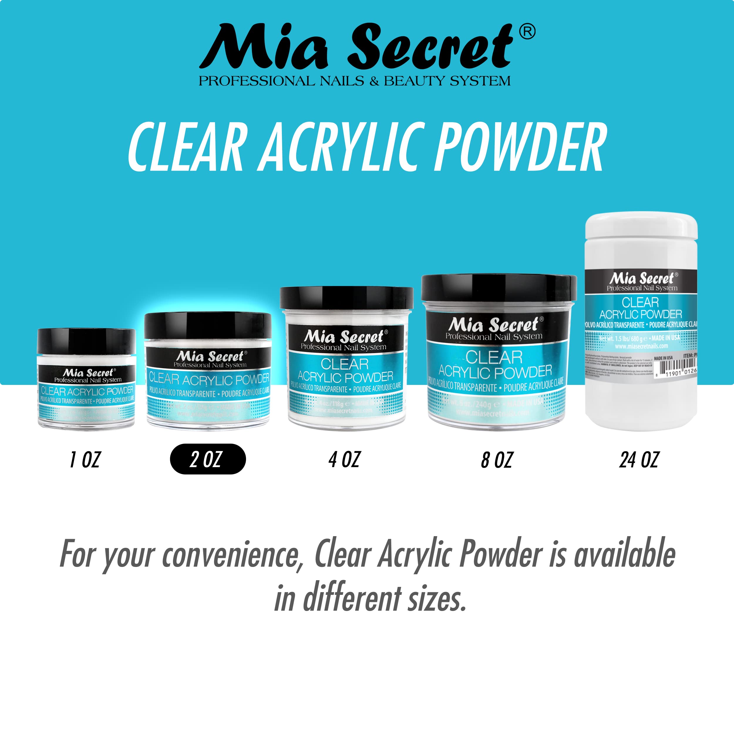 Mia Secret polvo acrílico transparente 2oz acabado translúcido estable para encapsulado