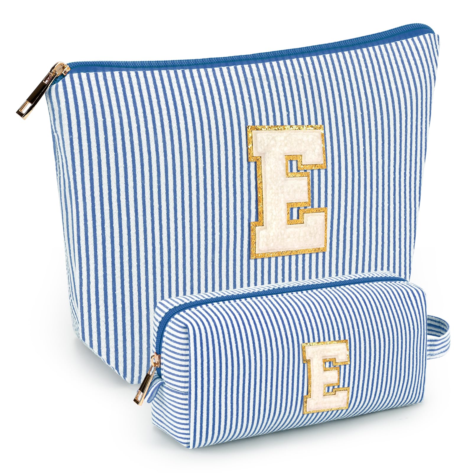 Bolsa mibasies de maquillaje iniciales azul E, tamaño grande para viaje.