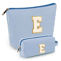 Bolsa mibasies de maquillaje iniciales azul E, tamaño grande para viaje.