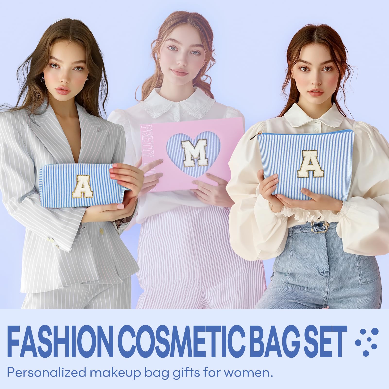 Bolsa mibasies de maquillaje iniciales azul E, tamaño pequeño para bolsito.