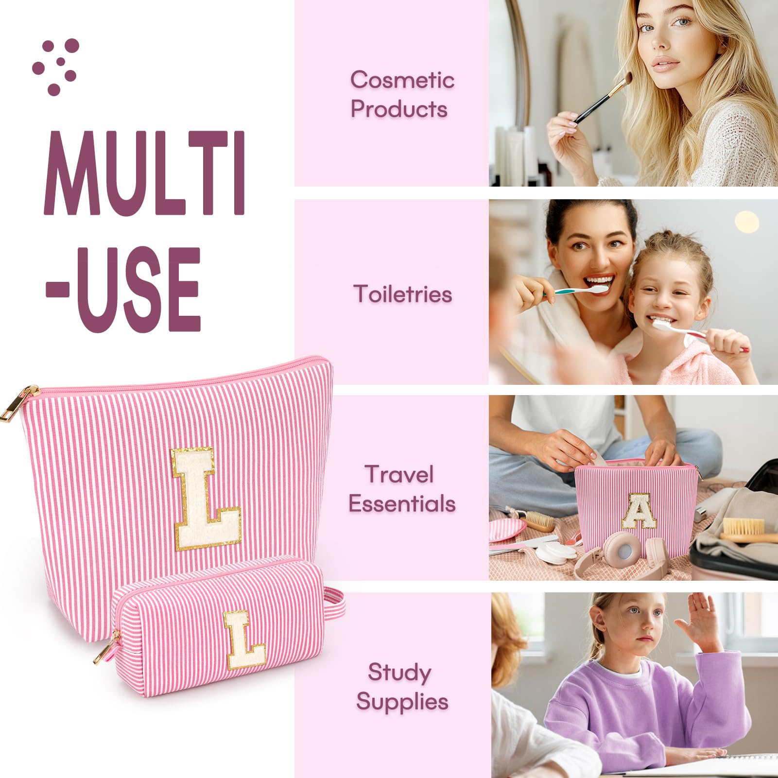 Mibasies bolsas de maquillaje iniciales, costuras: durabilidad para viajes diarios.