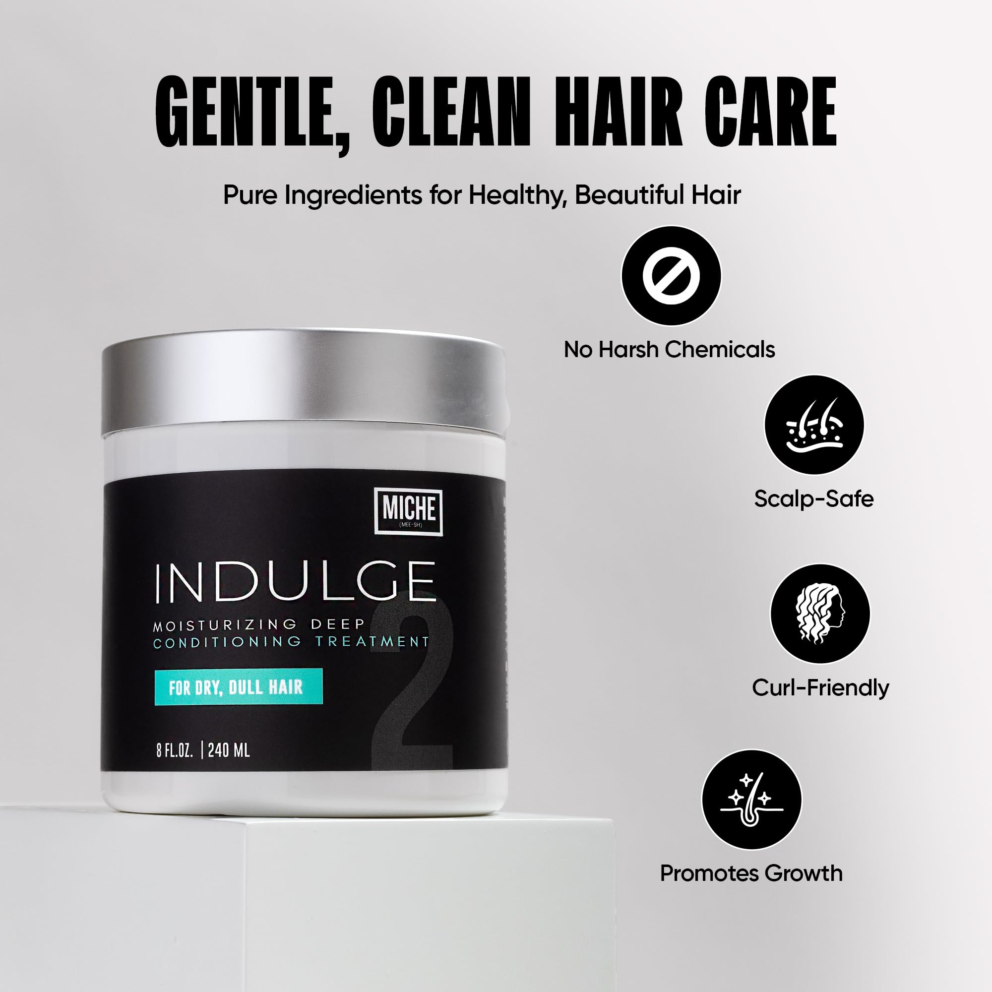 Reparación de cabello dañado con Miche Beauty Indulge, nutrición profunda para rizos.