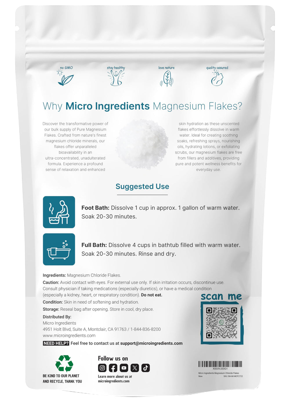Micro Ingredients: escamas de magnesio disolviéndose en agua tibia para baño suave