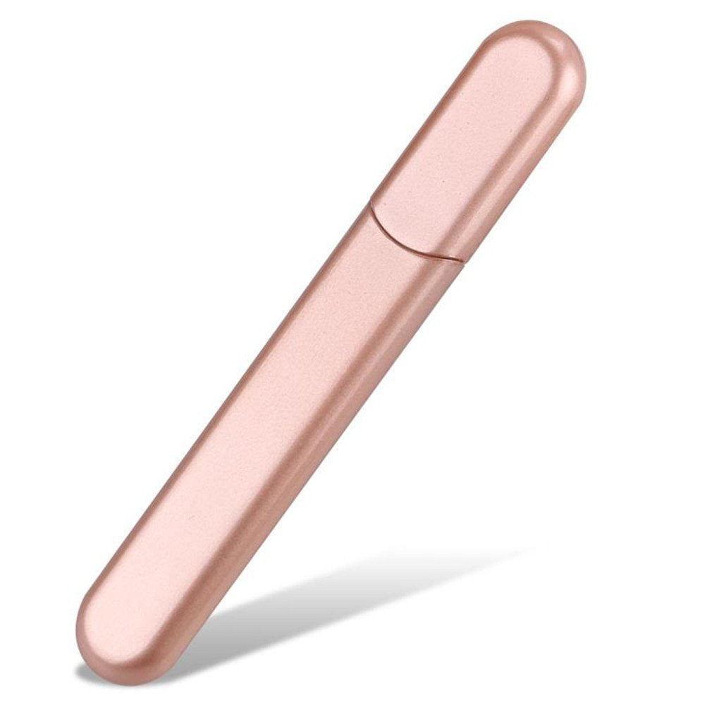 MiDenso lima de uñas de vidrio premium con estuche rosa, retoques rápidos para el día.