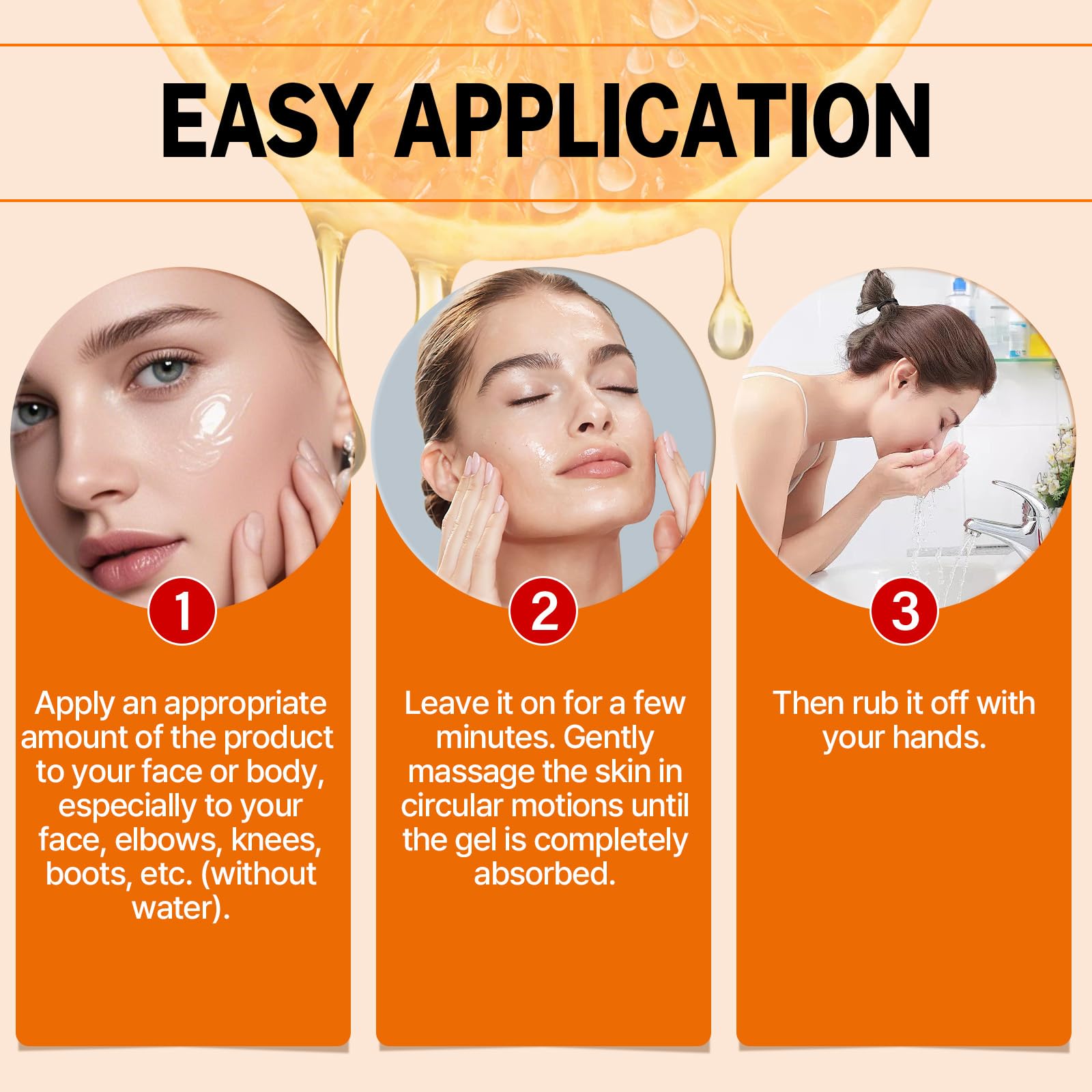 Miehoous gel exfoliante naranja para cara y cuerpo, uso suave y efectivo.