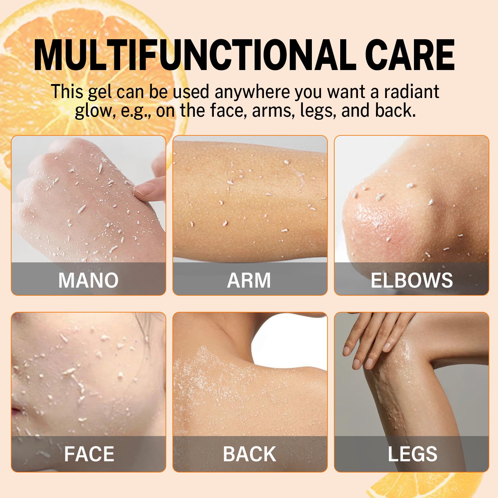 Miehoous gel exfoliante naranja, masaje circular para exfoliar sin irritación.