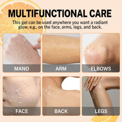 Miehoous gel exfoliante naranja, masaje circular para exfoliar sin irritación.
