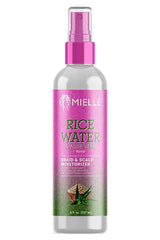 Mielle mezcla agua de arroz y aloe vera para trenzas, hidratación suave.