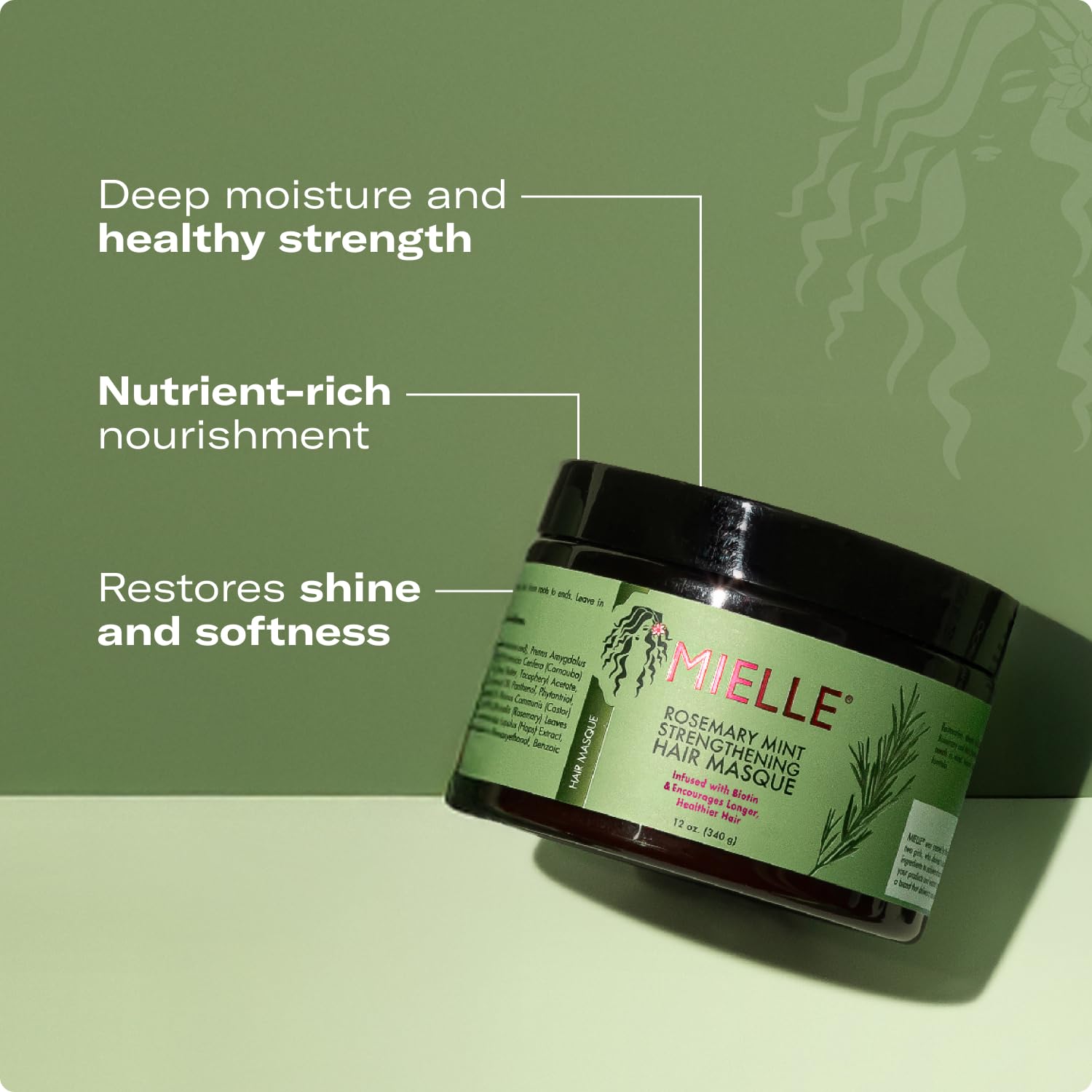 Mascarilla fortificante Mielle Romero-Menta con Biotina para fortalecimiento.