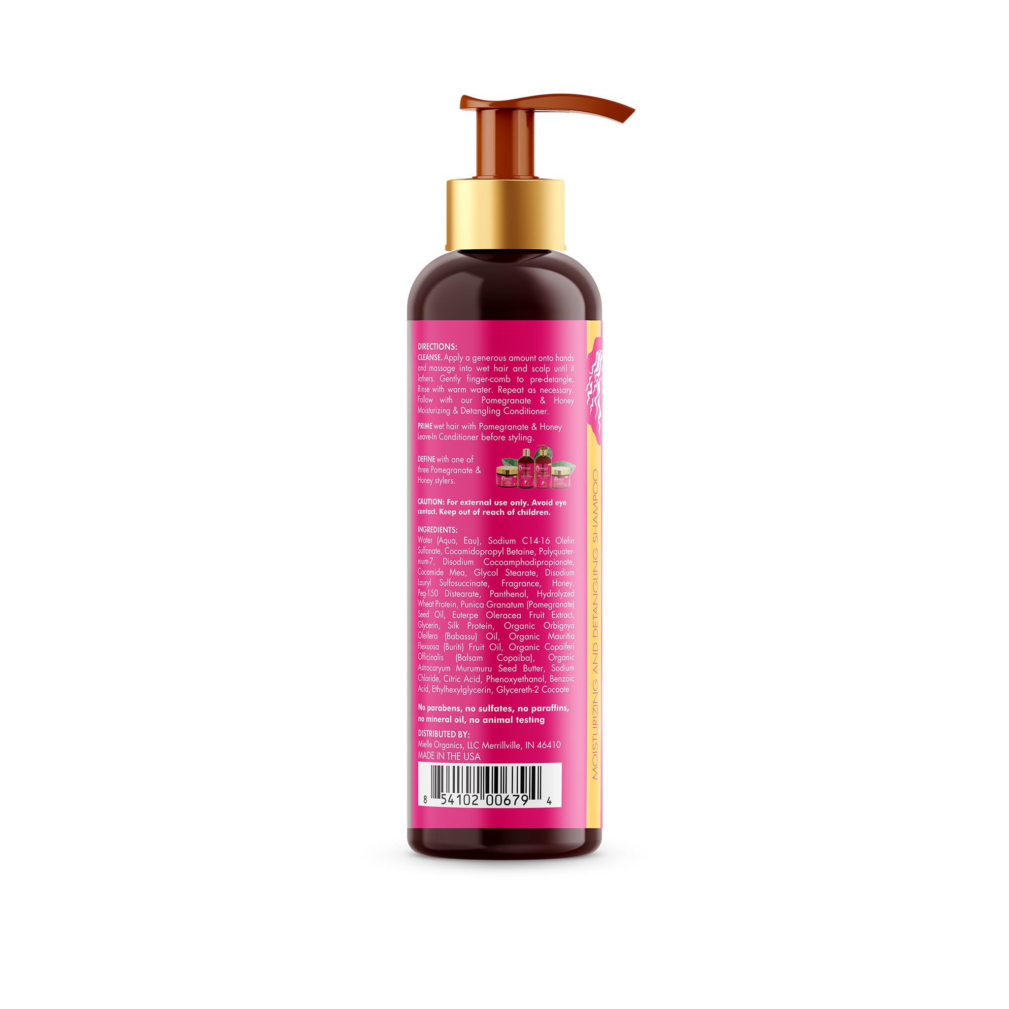 Mielle Organics Champú Granada Miel, reduce enredos para peinados más fáciles.