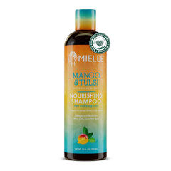 Mielle Organics Mango Tulsi champú botella: limpieza suave para cabello rizado.
