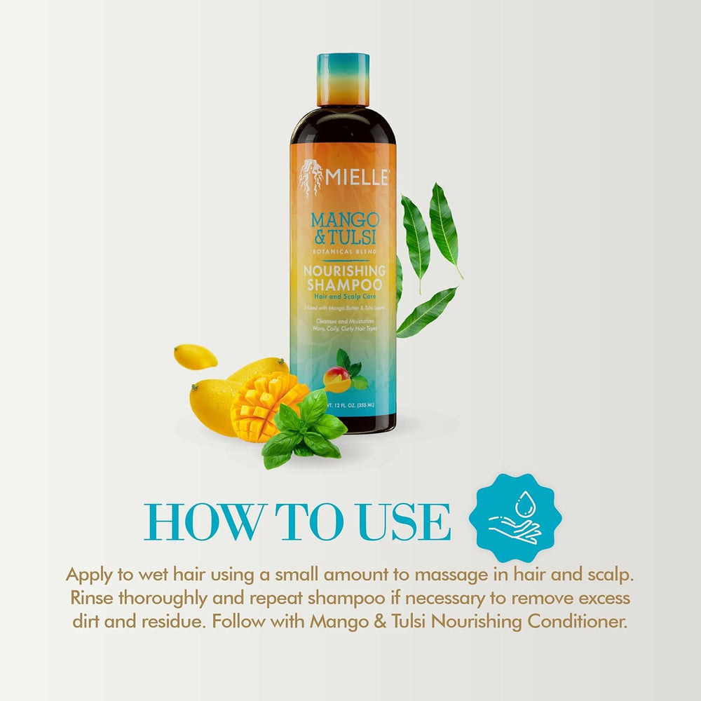 Mielle Organics Mango Tulsi champú envase verde: empaque sostenible.