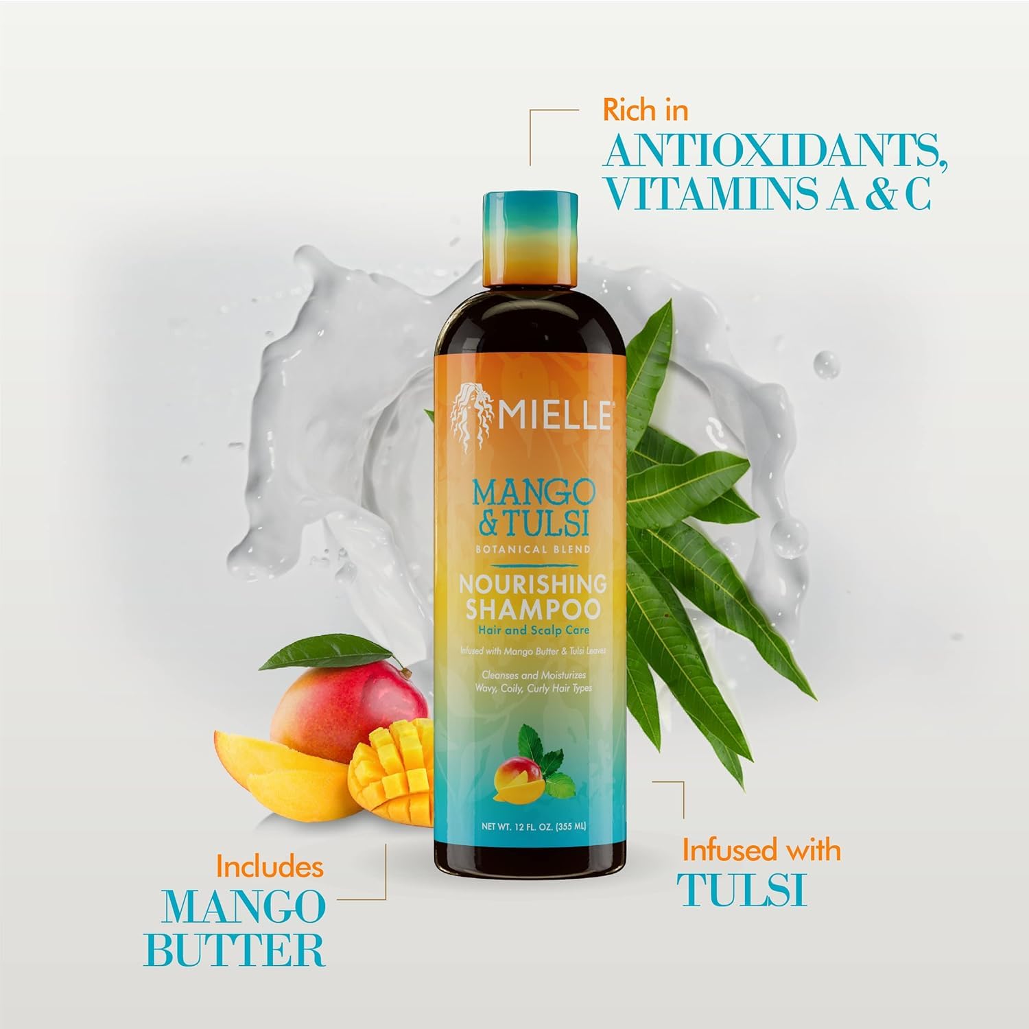 Mielle Organics Mango Tulsi champú con mango y tulsi: ingredientes naturales para hidratación.