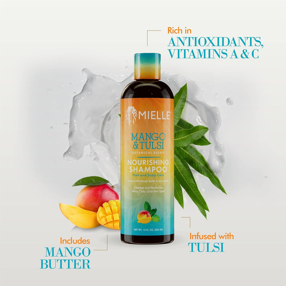 Mielle Organics Mango Tulsi champú con mango y tulsi: ingredientes naturales para hidratación.