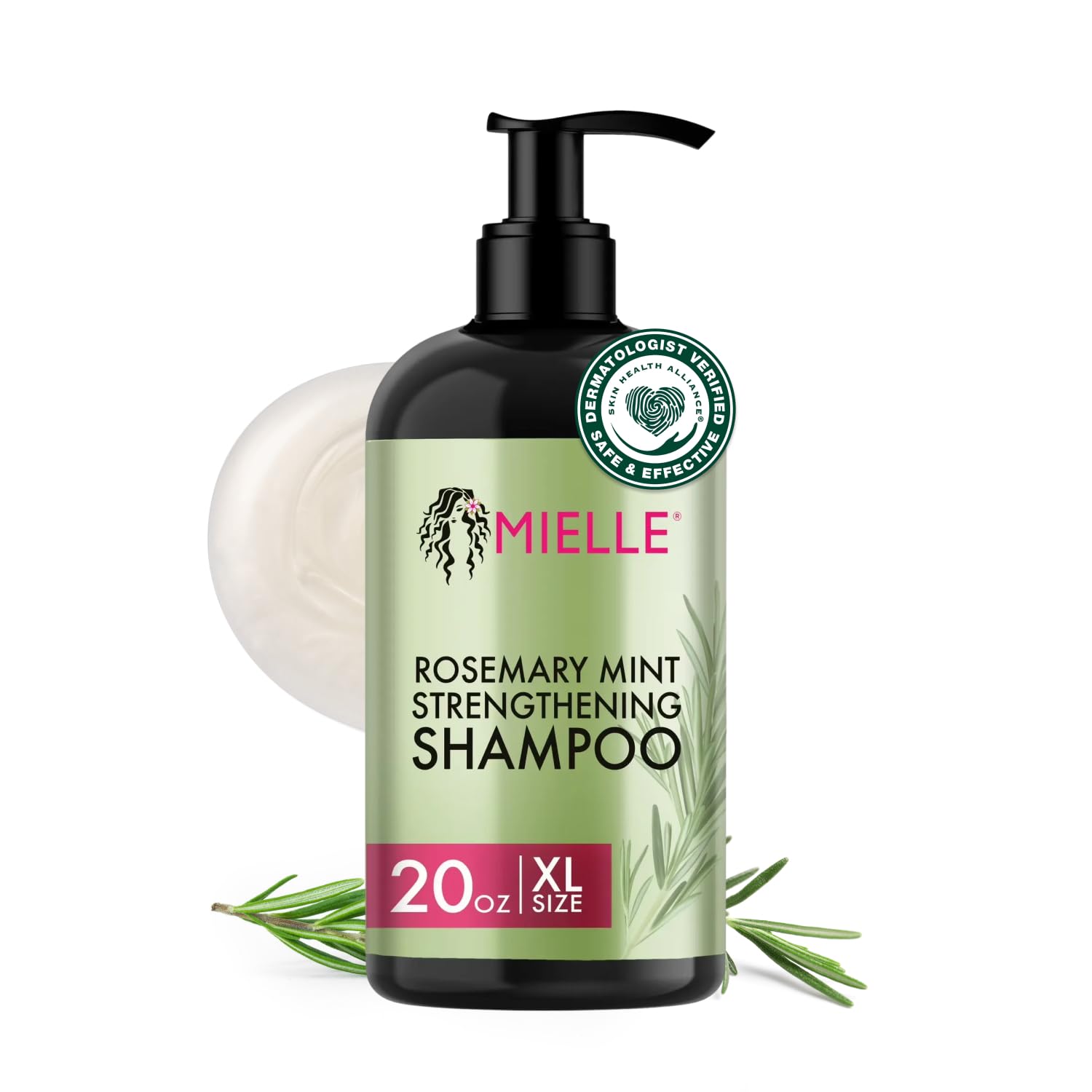 Champú Mielle Organics romero-menta en botella para limpieza suave y revitalización.