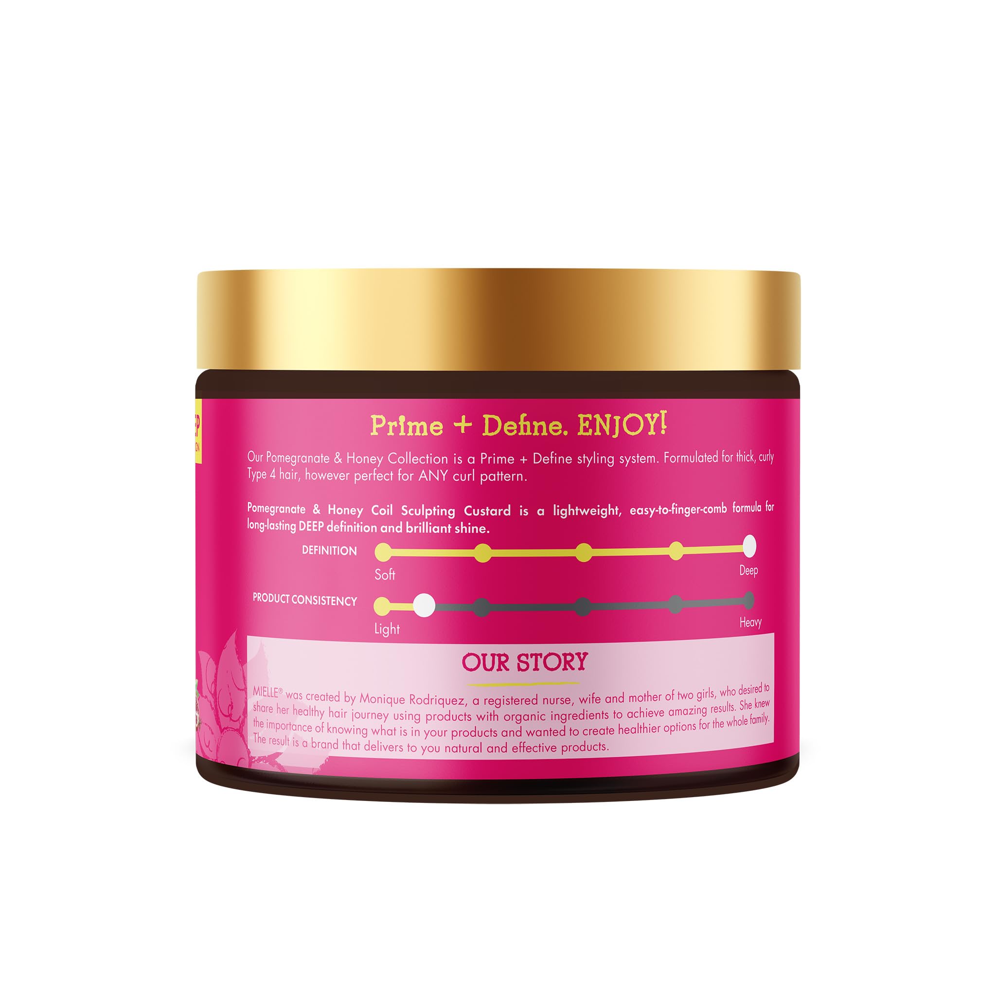Envase de 12 oz de crema definidora Granada y Miel de Mielle Organics.