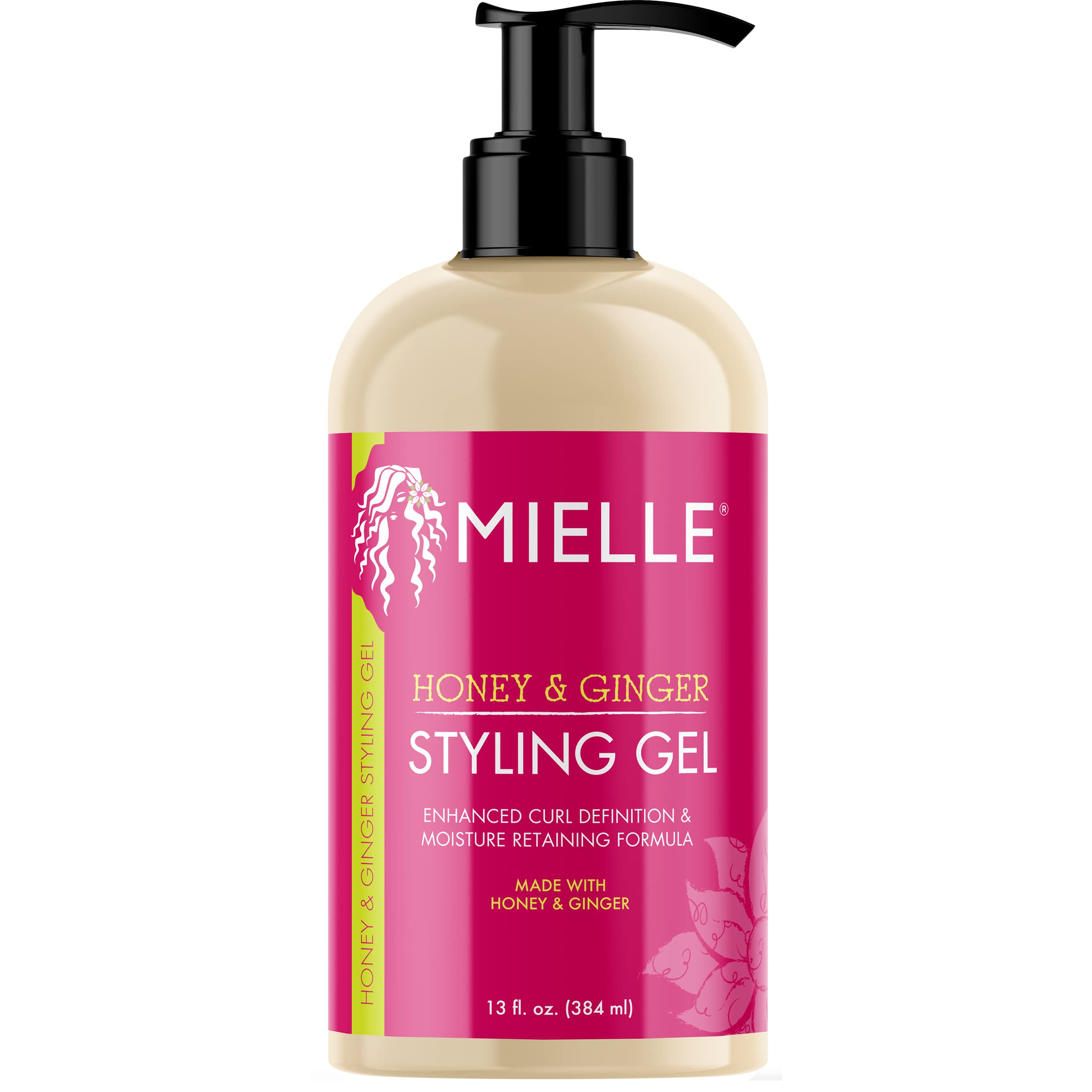 Gel de miel y jengibre de Mielle Organics para cabello: botella-vertido, peinado.