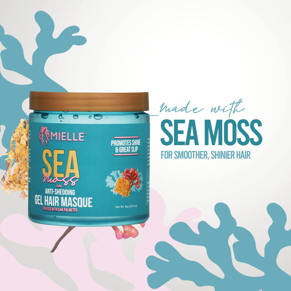 Gel de musgo marino de Mielle Organics, enfoque hidratación-intensa, cabellos reforzados y flexibles.
