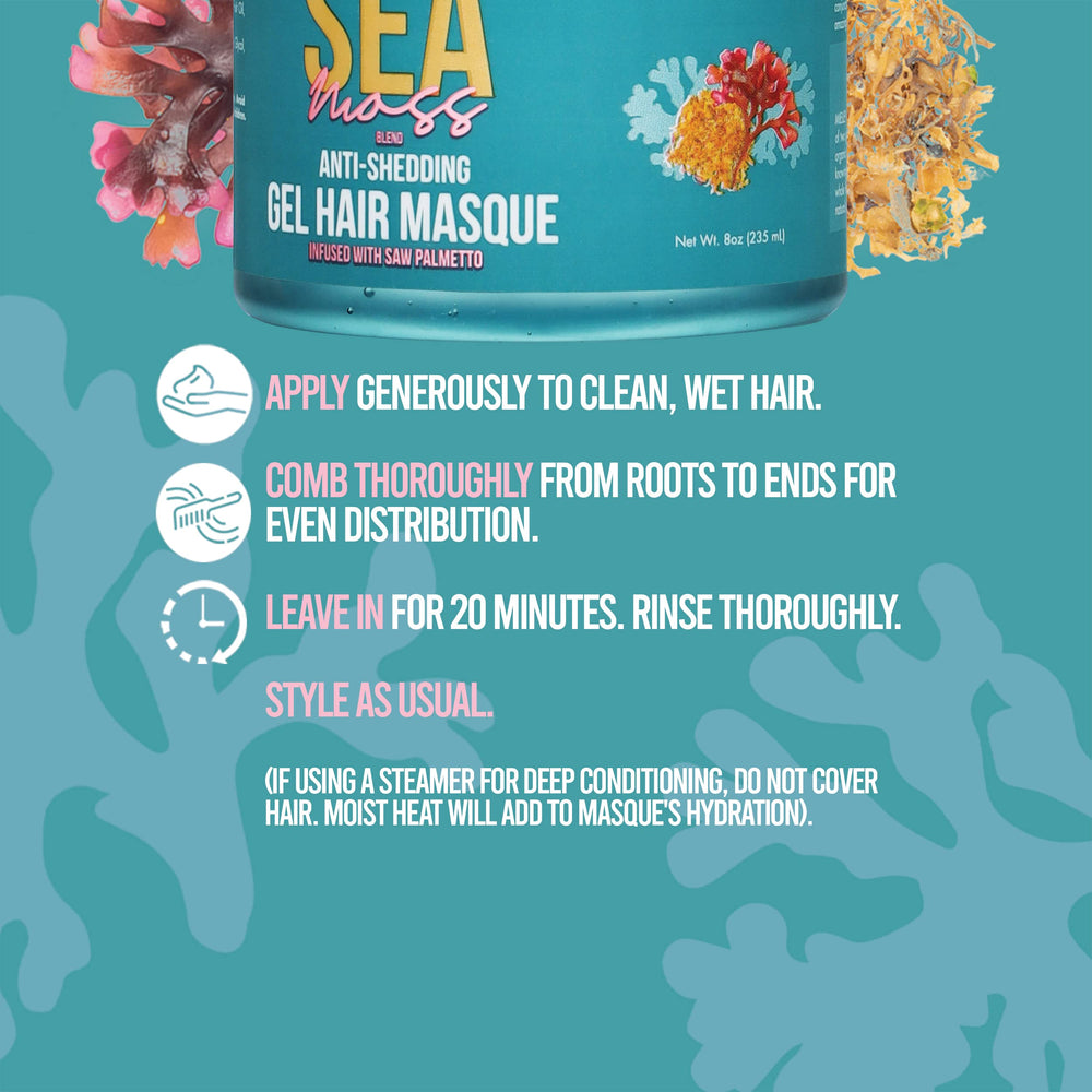 Gel de musgo marino de Mielle Organics, enfoque textura-gel, hidratación rápida para cabello seco.