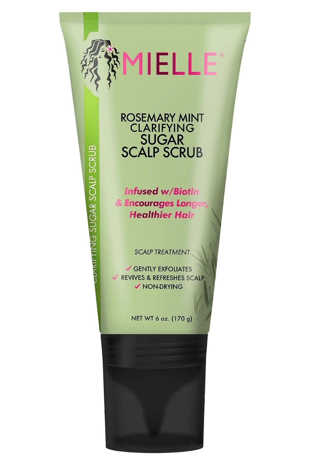 Mielle Organics exfoliante capilar Rosemary y Mint en bote, limpia suavemente el cuero cabelludo.
