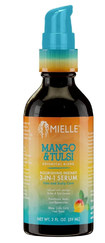 Sérum capilar Mango & Tulsi de Mielle Organics: enfoque en la botella, mejora brillo y control del frizz.