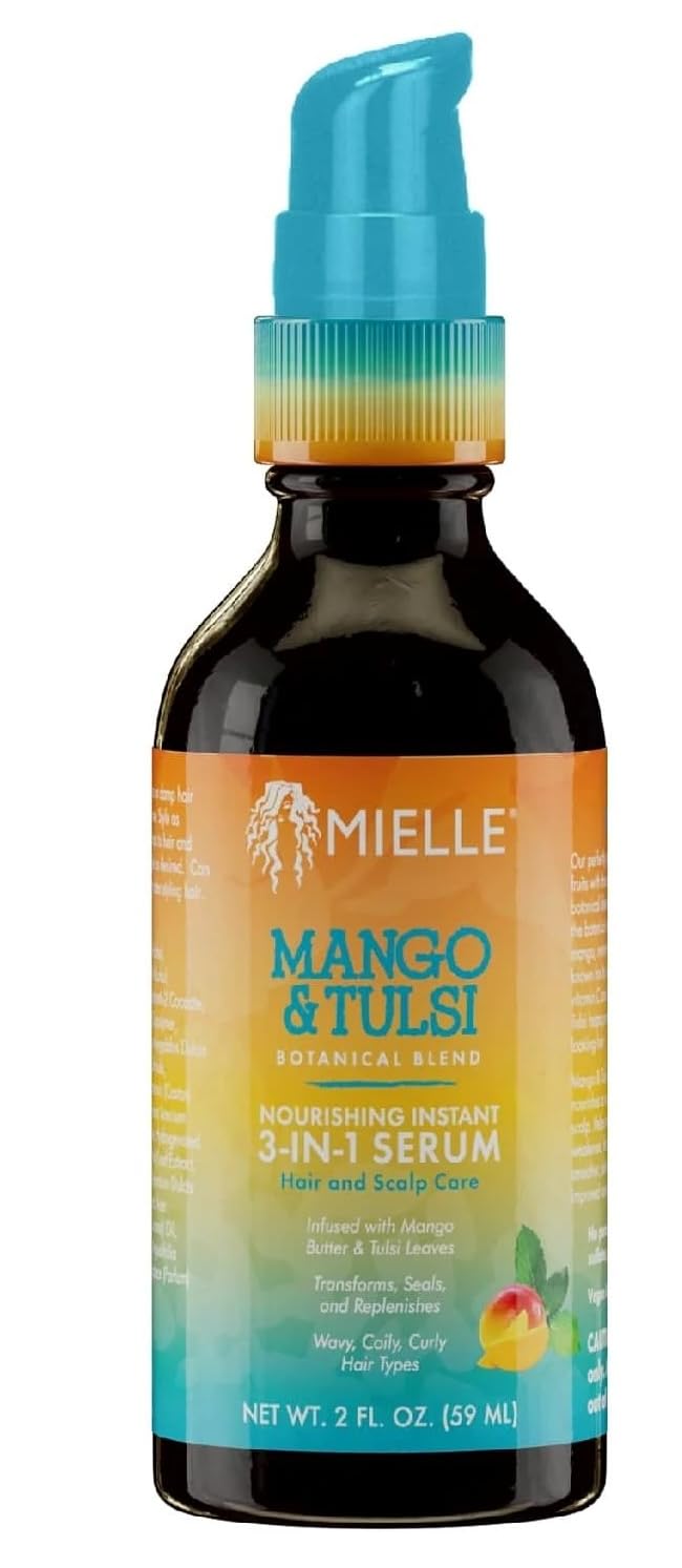 Sérum capilar Mango & Tulsi de Mielle Organics: enfoque en la botella, mejora brillo y control del frizz.