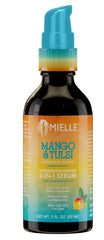 Sérum capilar Mango & Tulsi de Mielle Organics: enfoque en la botella, mejora brillo y control del frizz.