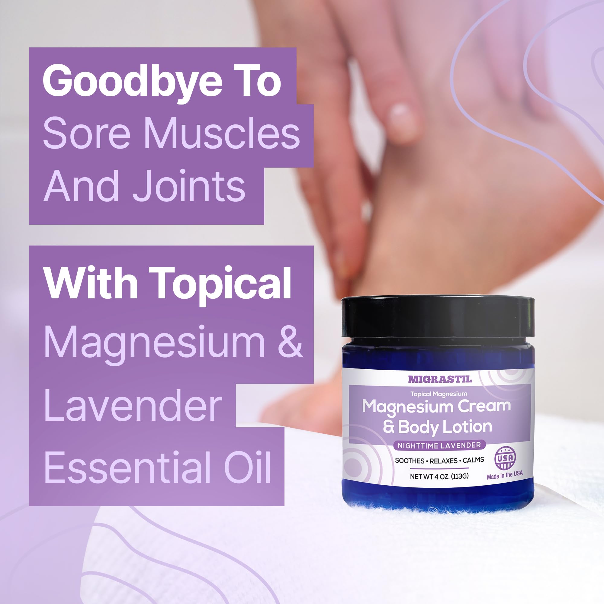 MIGRASTIL absorción rápida crema magnesio lavanda sin grasa para uso diario.