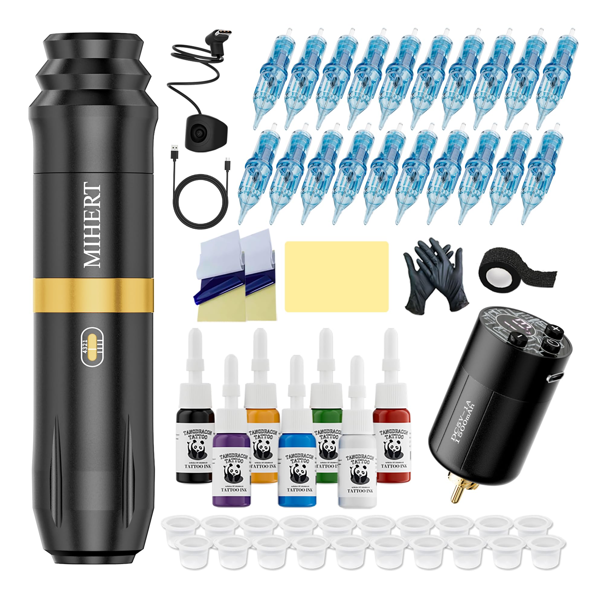 MIHERT Tattoo Gun Kit: máquina inalámbrica dorada para trabajo continuo sin cables