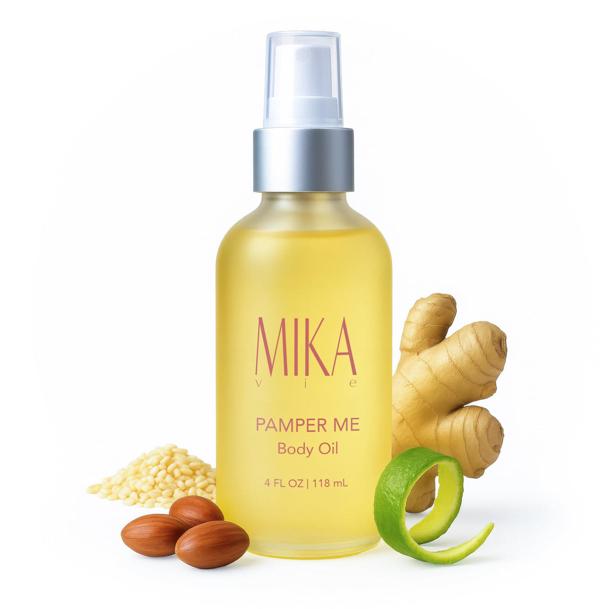 Mika Vie huile corps apres-douche en bouteille 4oz pour peau douce et hydratée.