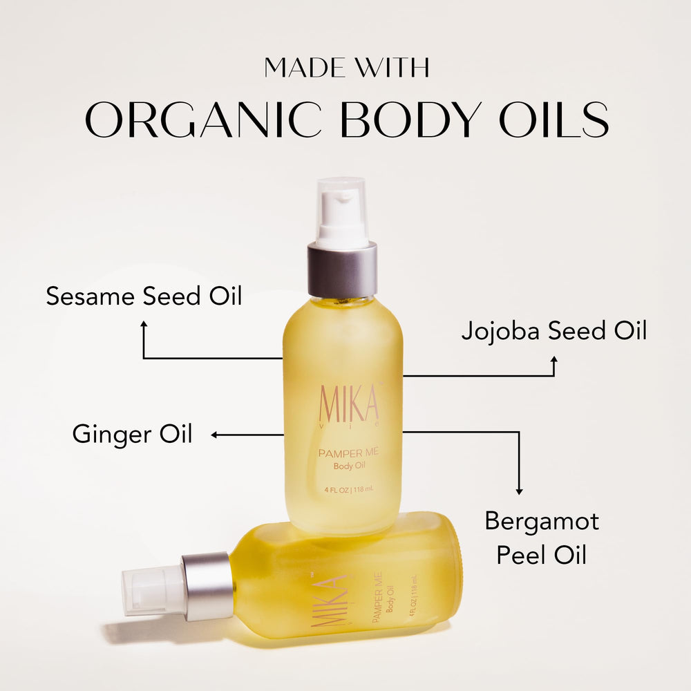 Mika Vie huile corps gingembre et bergamote pour éclat naturel.
