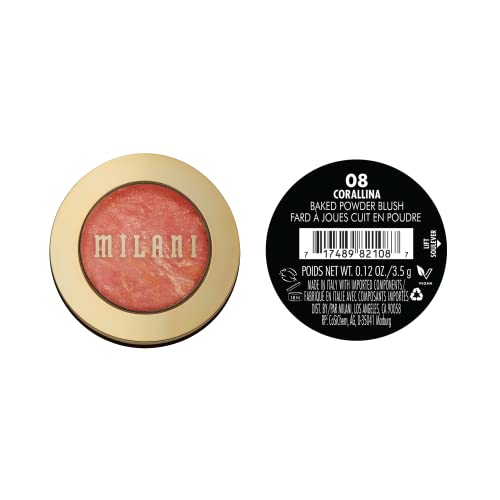 Milani Baked Blush Corallina: aplicación en mejillas para efecto brillo suave.
