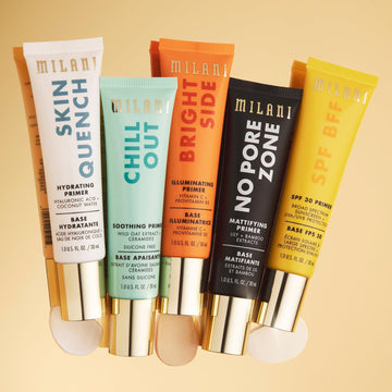 Milani bright-side-brightening-primer on face for a luminous base