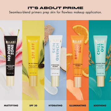 Milani bright-side-brightening-primer bottle aiming for dewy glow