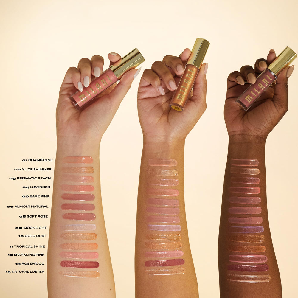Milani Brillo Labial Nutritivo: swatch rosado para un toque femenino.