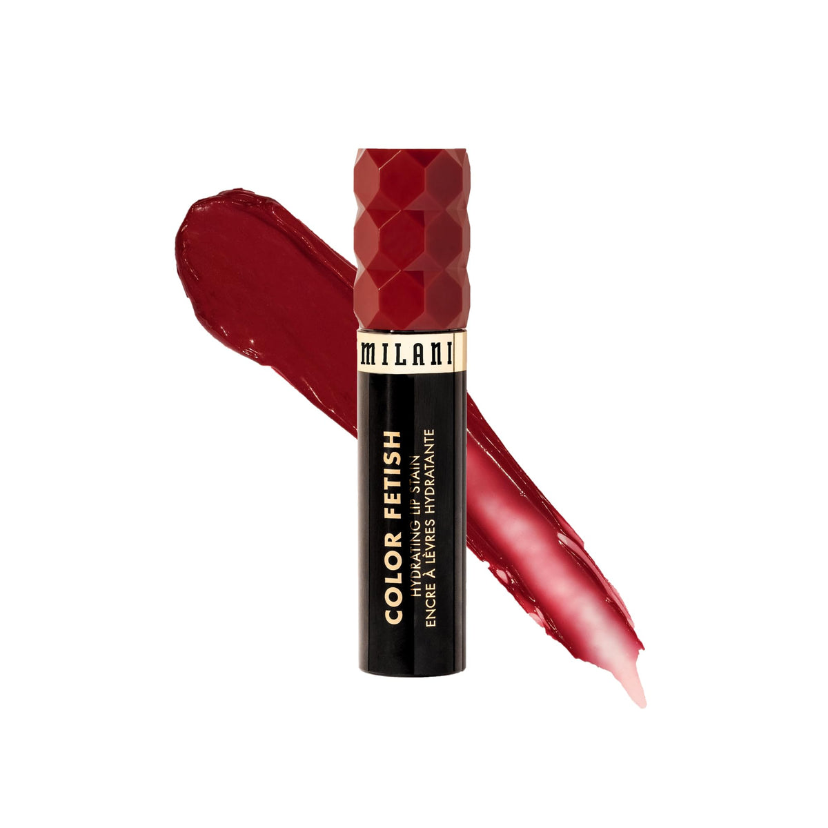 Milani Color Fetish Lip Stain-150 Thats Fine, bote y aplicador muestran hidratación y color duradero.