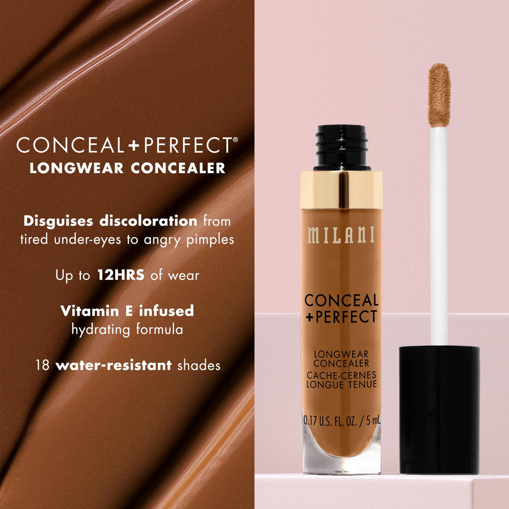 Milani Conceal + Perfect Longwear Concealer applicator closeup demonstrates precise, crease-free application