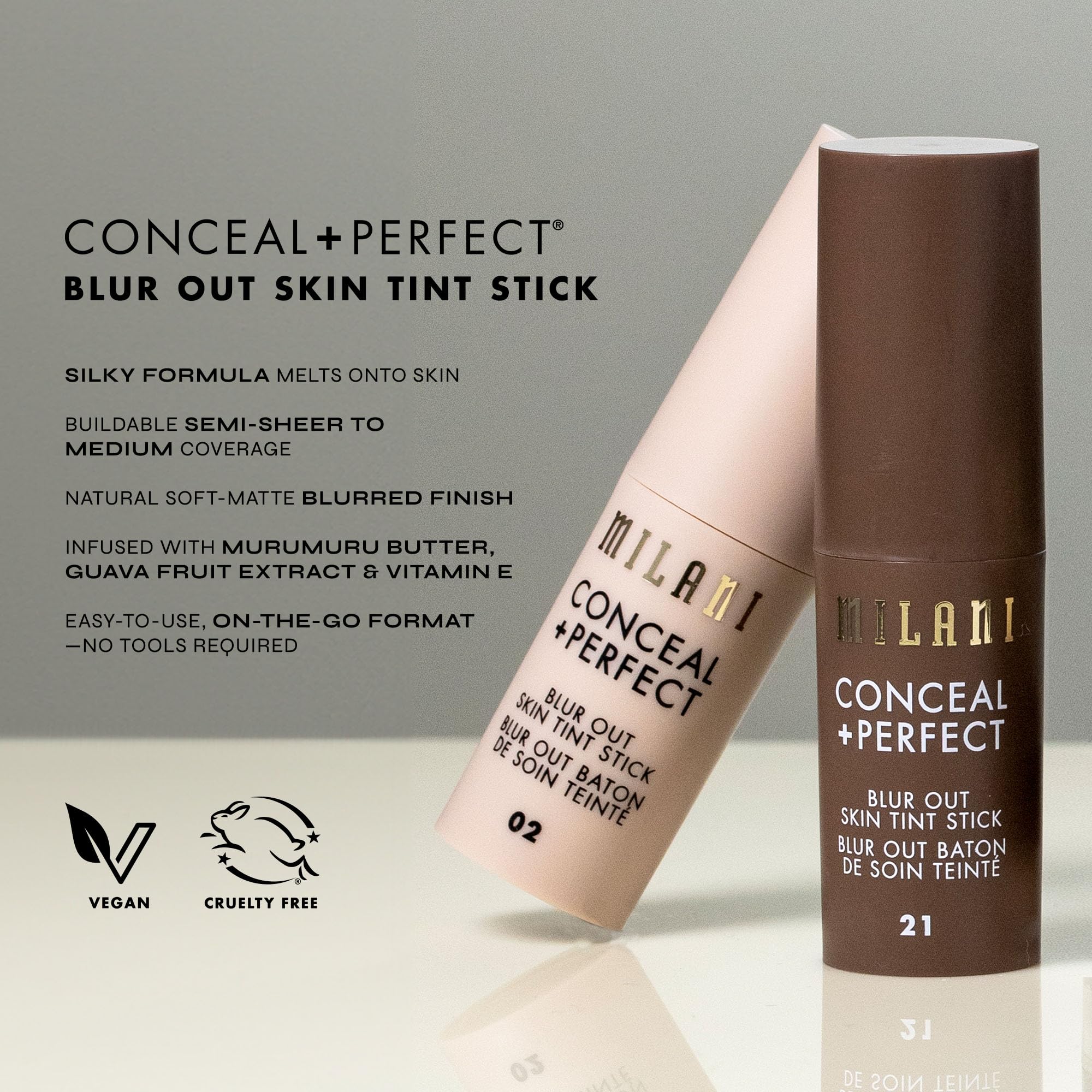 Milani Conceal + Perfect Skin Tint Stick: hidratación suave en la piel.